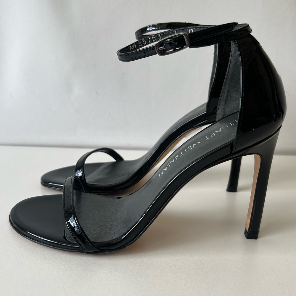 Stuart Weitzman Black Patent 
Nudistsong Ankle Strap Sandal, Size 7, Worn once!
